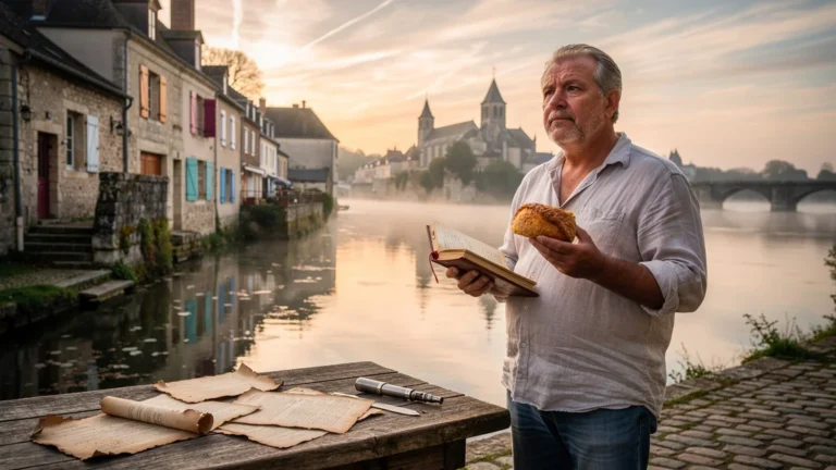 Photographie réaliste d’un écrivain à La Charité-sur-Loire tenant un pâté, patrimoine et gastronomie locale