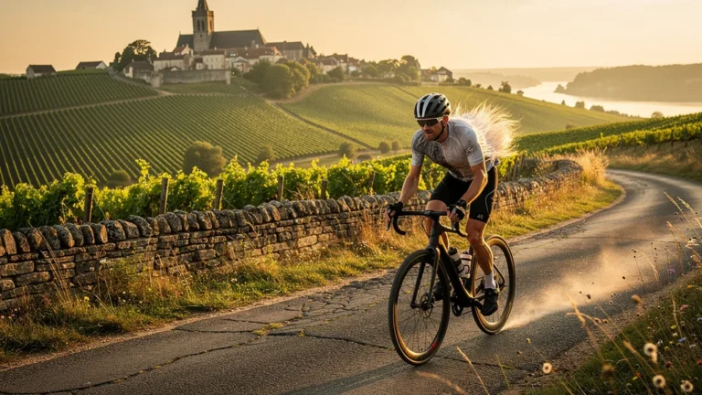 Cycliste affrontant le vent entre Sancerre, La Charité et Cosne lors d’un défi vélo en trois jours