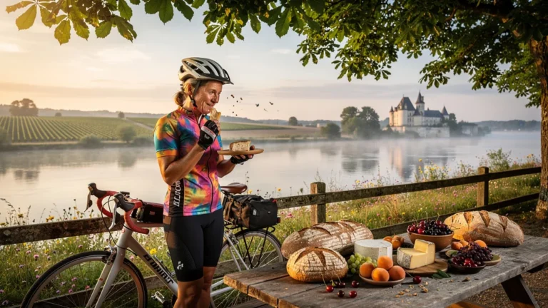 Cycliste dégustant un arrêt gourmand sur la Loire à vélo lors d’un parcours de cinq jours