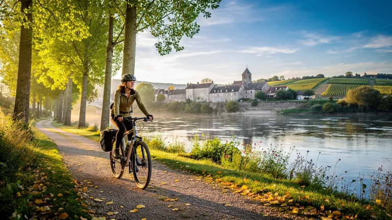 Cycliste parcourant la Loire à Saint-Satur lors d’un voyage à vélo de trois jours, paysage naturel paisible