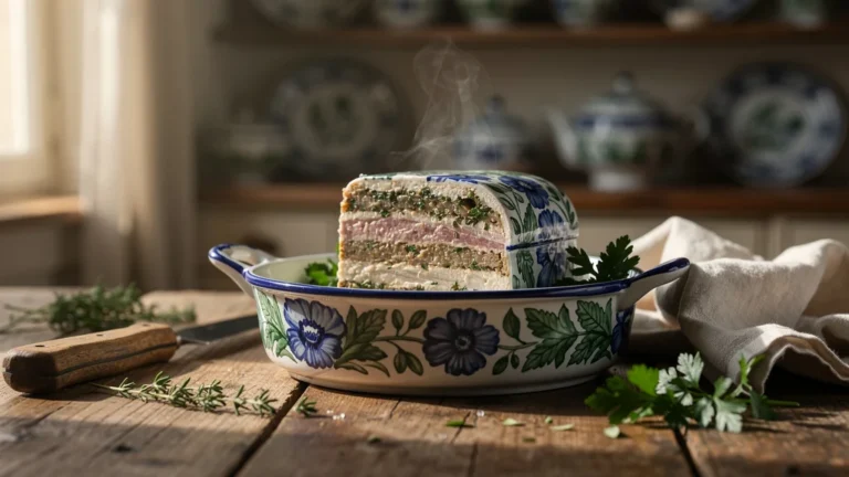 Faïence de service Gien avec terrine joliment dressée sur table en bois rustique, lumière naturelle