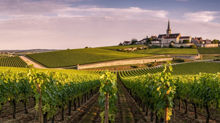 Vue panoramique ultra-réaliste des vignobles de l'appellation Sancerre au coucher du soleil