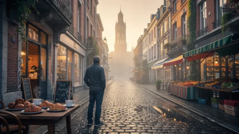Vue ultra-réaliste du quartier Barts à Lille au petit matin, ambiance chaleureuse et textures détaillées