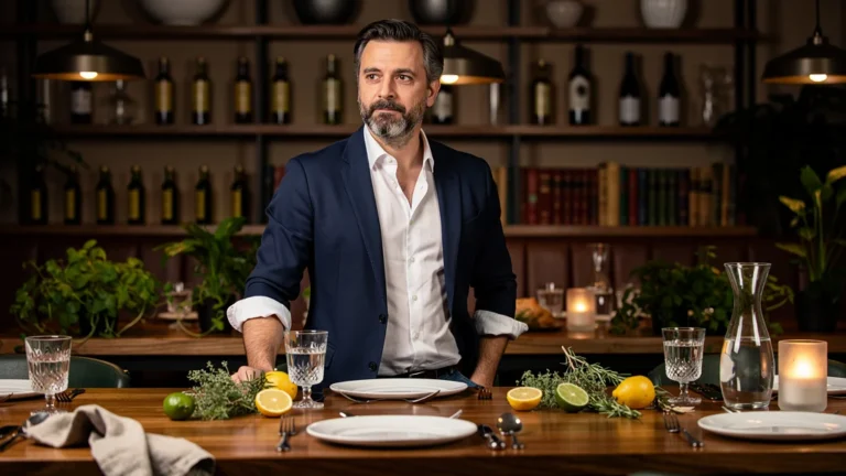 Portrait réaliste d’un rédacteur gastronomique évaluant Brigat dans un bistro élégant et moderne