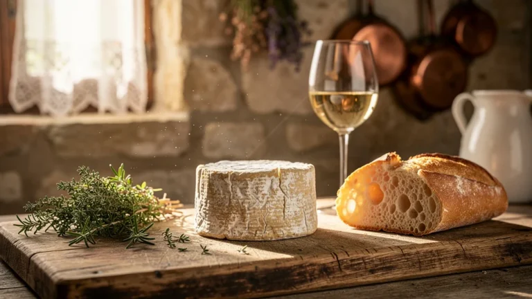 Crottin de chèvre artisanal posé sur planche en bois dans cuisine rustique française lumineuse