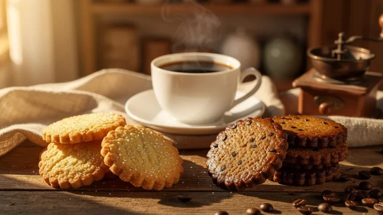Deux versions des sablés de Nançay avec café, biscuits dorés et ambiance chaleureuse rustique