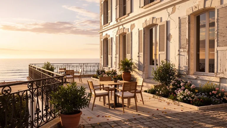 Vue extérieure hyperréaliste de l'hôtel Les Brises à La Rochelle en fin d'après-midi au coucher du soleil