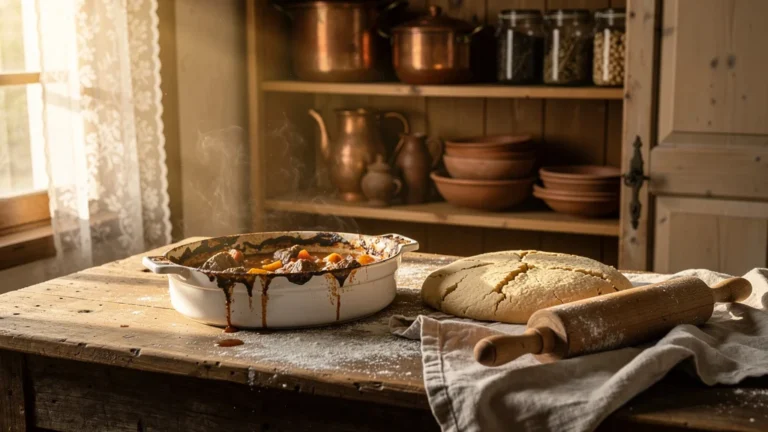 Cuisine rustique française avec fricassée berrichonne ratée et pâte non reposée sur table en bois ancien