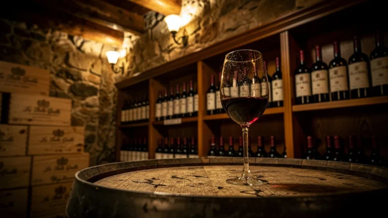Intérieur d'une cave à vin élégante avec bouteilles La Belle Quille en lumière chaleureuse et ambiance raffinée
