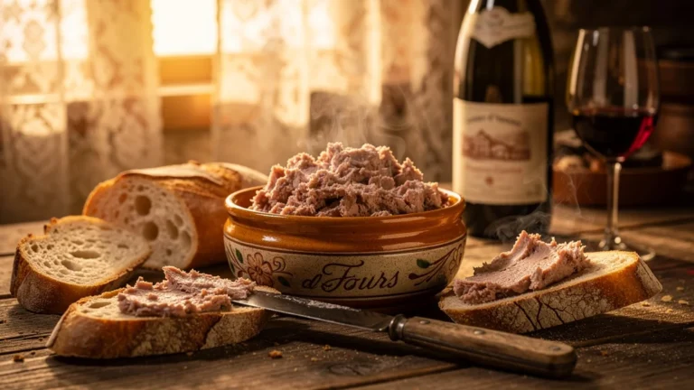 Rillette de Tours tiède servie sur pain frais dans une ambiance rustique chaleureuse et authentique