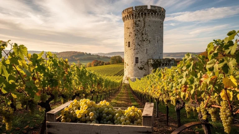 La tour du Pouilly-Fumé dans son vignoble en automne, lumière dorée, ambiance viticole authentique et historique