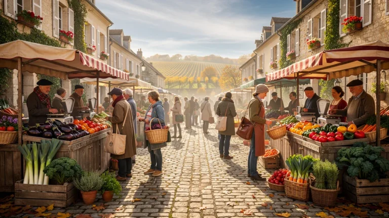 Marché du samedi à Sancerre avec légumes frais du Berry, ambiance authentique et lumière dorée