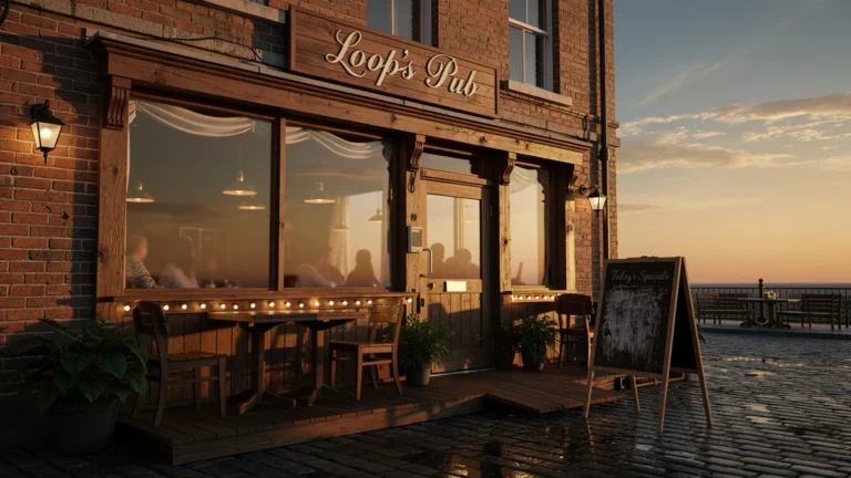 Façade hyper-réaliste de Loop's Pub au crépuscule avec ambiance chaleureuse et détails texturés visibles