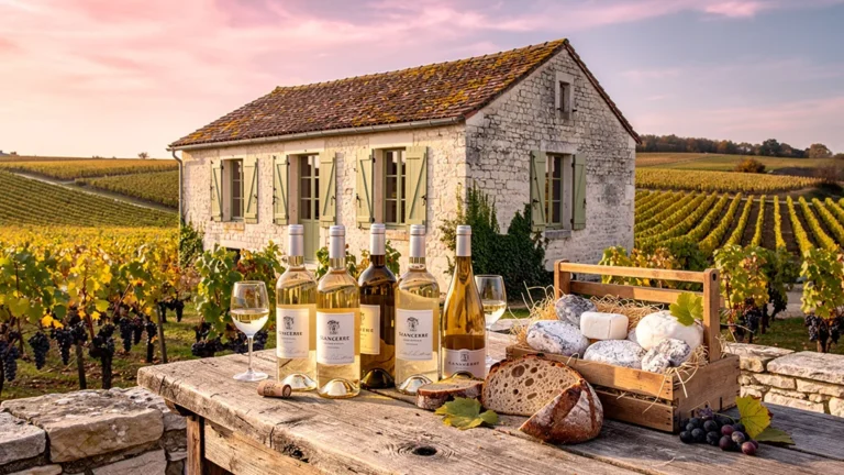 Maison du Sancerre authentique entourée de vignobles, table rustique avec vins et fromages locaux