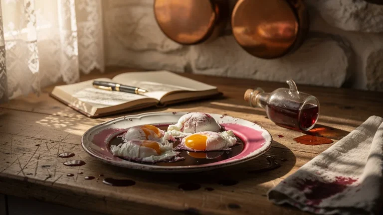 Œufs en meurette ratés sur table rustique après ajout brusque de vinaigre, scène de cuisine française traditionnelle