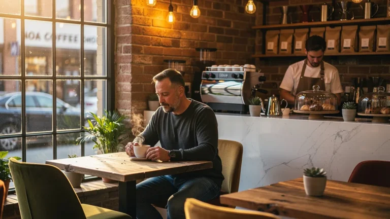 Intérieur chaleureux et moderne du Noa Coffee Shop avec homme de 40 ans dégustant un café artisanal