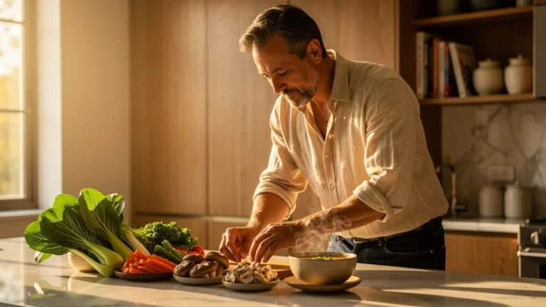 Portrait hyperréaliste d'un rédacteur gastronomique découvrant onaka en cuisine moderne lumineuse