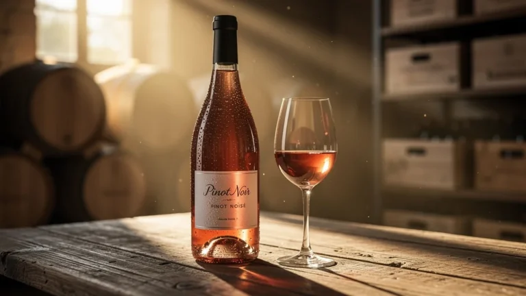 Bouteille et verre de pinot noir rosé sur table en bois rustique, ambiance chaleureuse et lumineuse