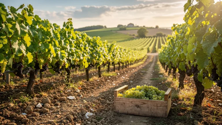 Vignoble de Pouilly-Fumé au printemps avec raisins verts et lumière dorée matinale, terroir et maturation du vin
