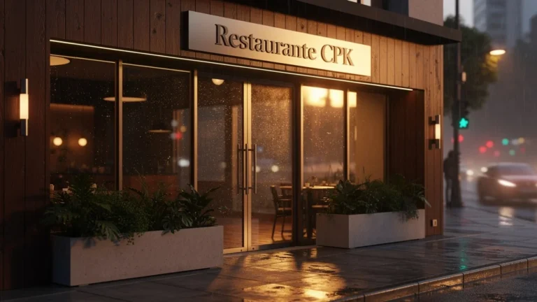 Façade élégante du restaurante CPK sous lumière dorée avec ambiance urbaine raffinée et détails ultra-réalistes