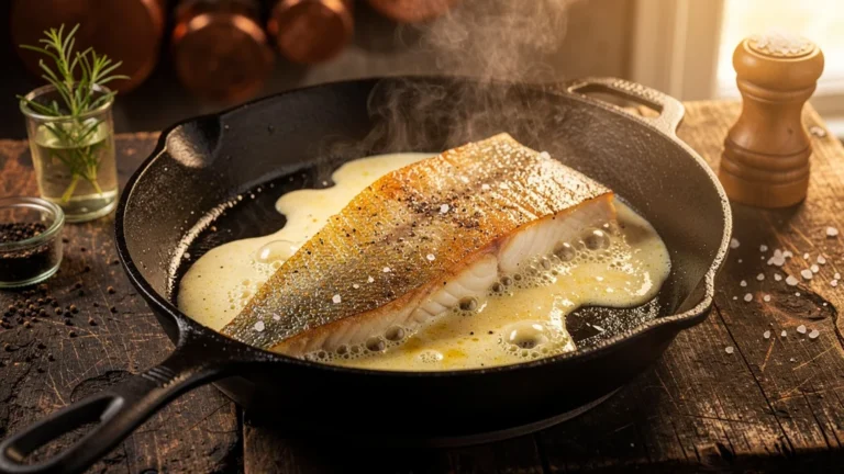 Sandre au beurre blanc dans une poêle en fonte, cuisson parfaite et sauce onctueuse en gros plan