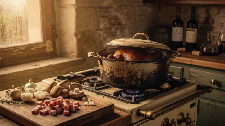 Cocotte de coq au vin de Loire mijoté six heures à feu doux avec viande tendre et sauce riche