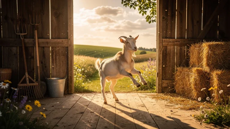 Image hyper-réaliste d’une chèvre dansant dans une ferme ensoleillée au milieu de la campagne française