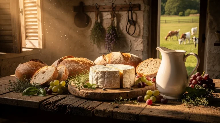 Déjeuner authentique chez un producteur de Sainte-Maure avec fromage artisanal et pain rustique en lumière naturelle