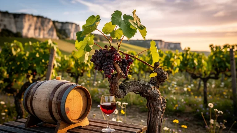 Grappe de raisin et verre de vin rouge Menetou-Salon dans un vignoble français en lumière dorée