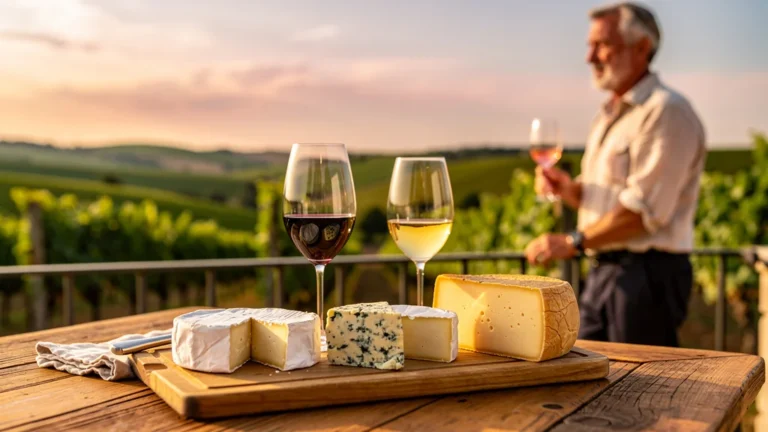 Table rustique avec vin et assortiment de fromages pour un week end dégustation vin et fromage