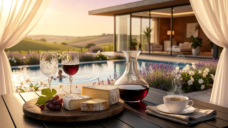 Terrasse luxueuse avec dégustation de vin et spa dans un cadre naturel et lumineux, ambiance détente et raffinement